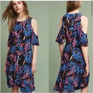 Anthropologie Maeve Elia Blue‎ Pink Floral Cold Shoulder Dress Size 10